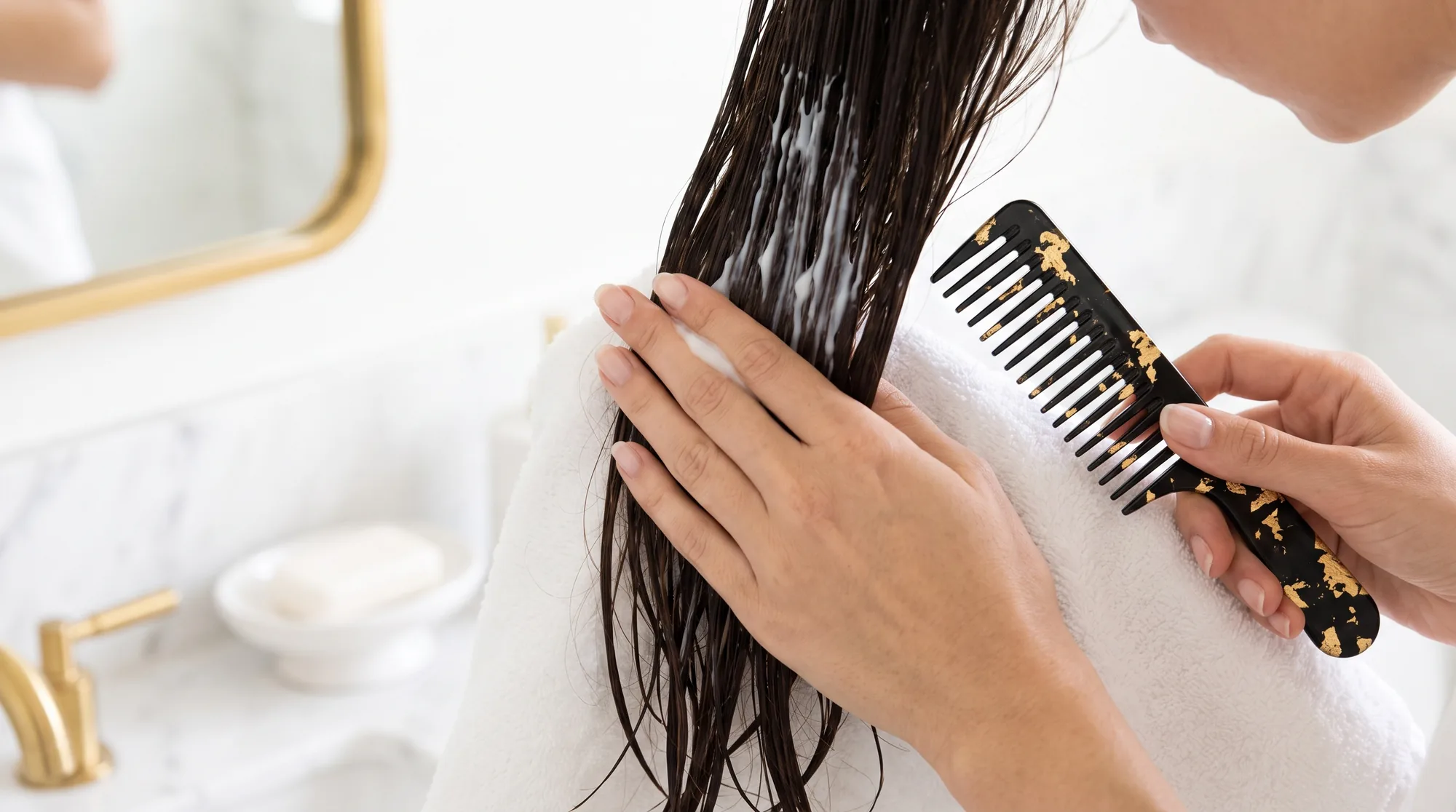 Una mano distribuisce il balsamo sulle lunghezze di capelli scuri bagnati, con un pettine a denti larghi nero e oro