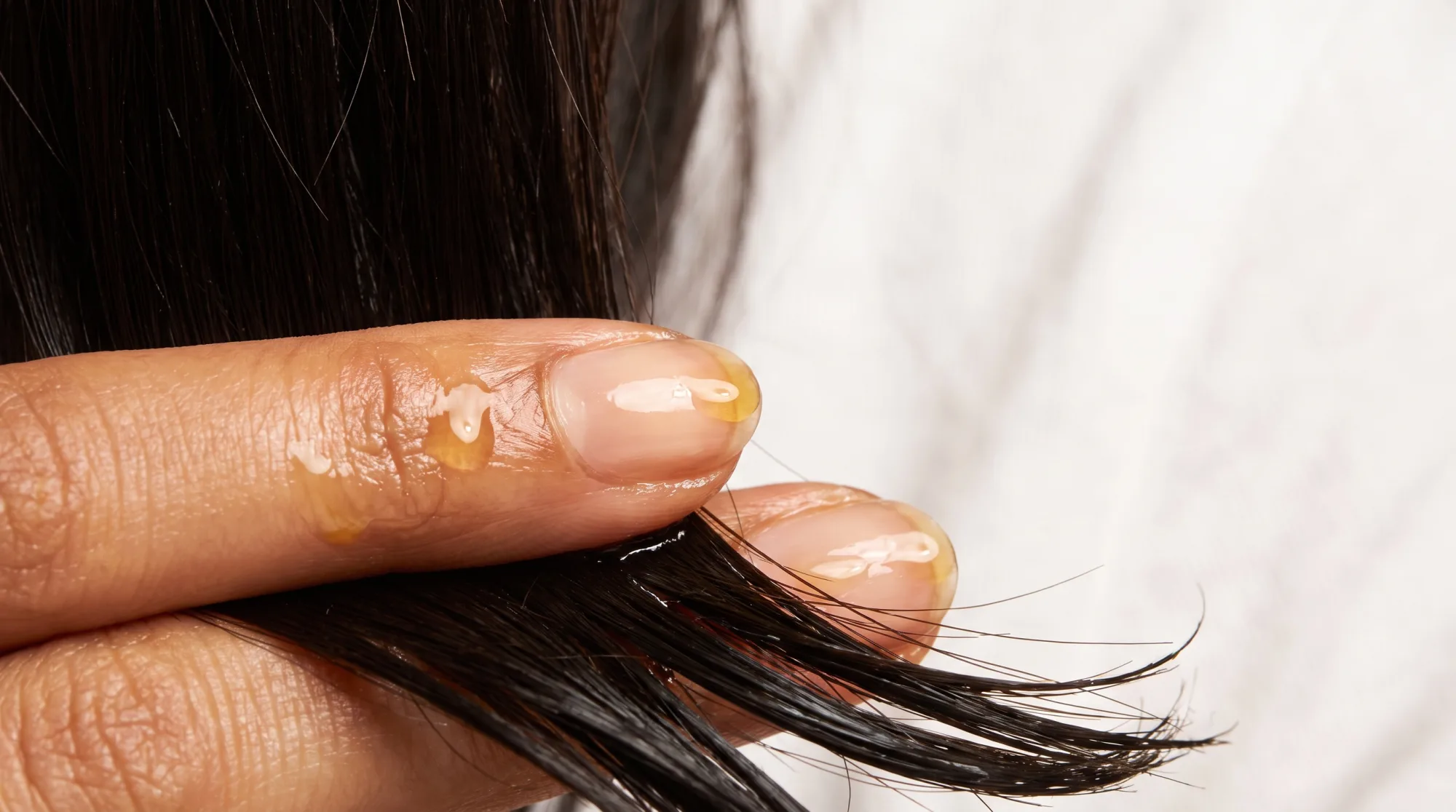 Una goccia d'olio dorato cade da una pipetta di vetro su una ciocca di capelli scuri