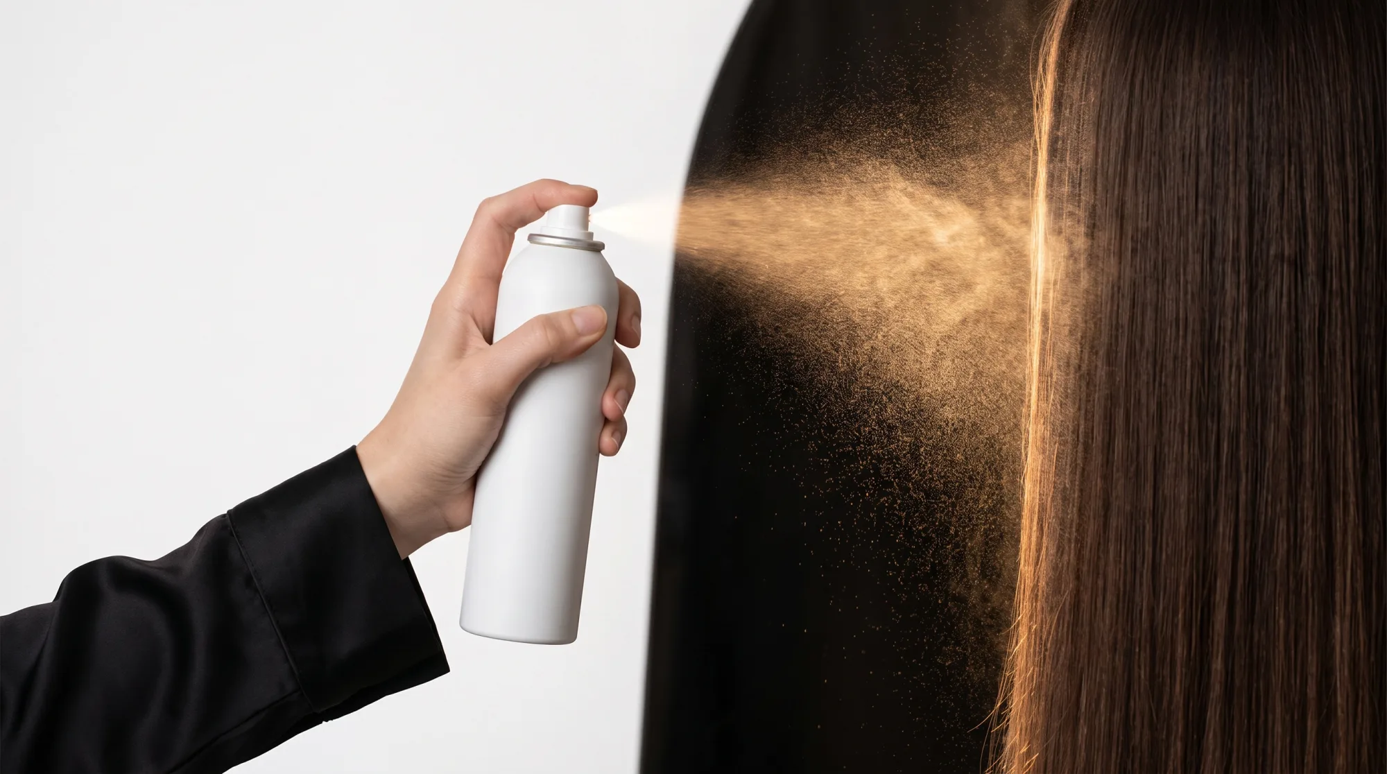 Una mano vaporizza un termoprotettore su una ciocca di capelli, su sfondo bianco e oro